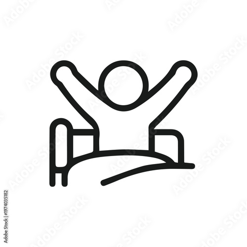 Waking up refreshed and stretching in bed minimalist line art icon