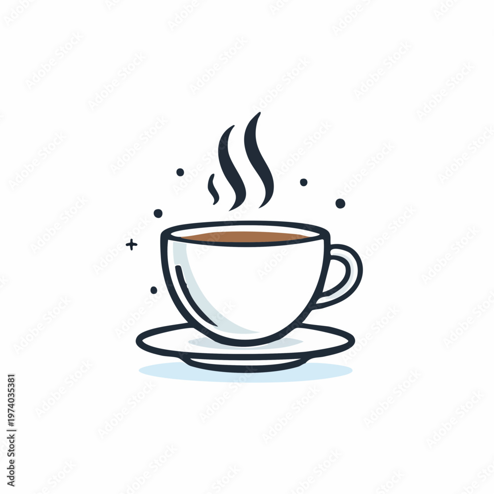 Fototapeta premium Minimalist illustration of a steaming hot beverage in a classic white cup on a saucer, perfect for a cozy morning ritual or a quick warm-up