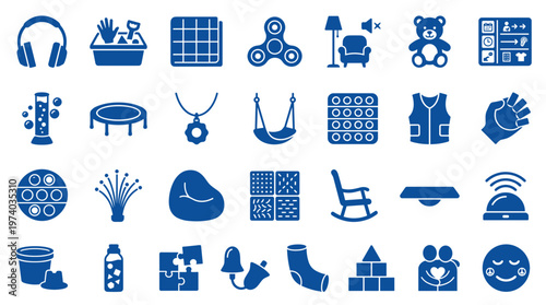 Collection of blue sensory toys and items for children's development and therapy, promoting engagement and learning through play