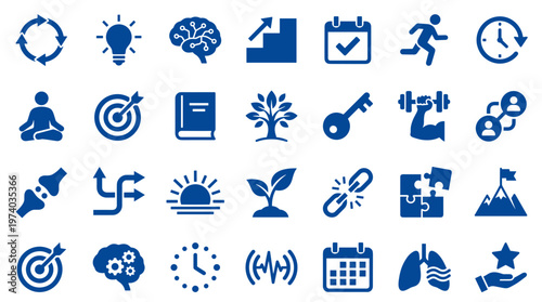 Collection of blue icons representing concepts like growth success ideas health and strategy on a white background