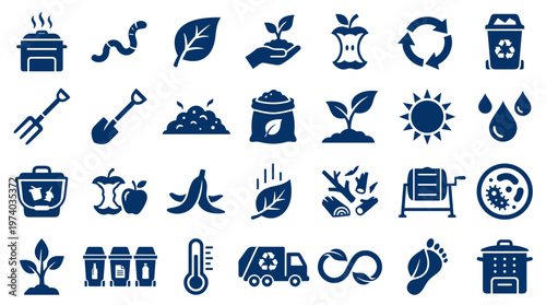Composting icons set illustrating organic waste recycling and garden care with plants soil and natural elements for eco friendly lifestyle and sustainability concepts