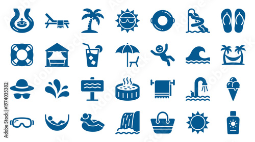 Collection of blue summer vacation and beach icons representing relaxation travel and outdoor activities like swimming sunbathing and enjoying the holidays