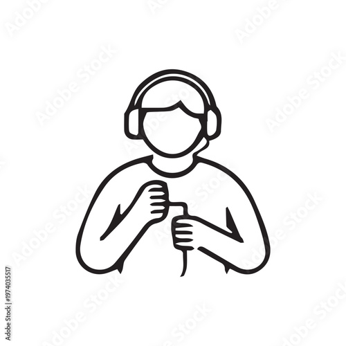 Gamer With Headset Holding Controller Black and White Line Art Icon