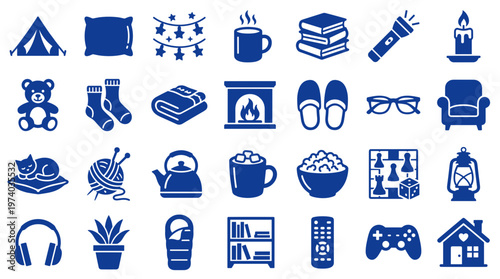 Cozy hygge icons collection for winter relaxation and comfort, representing home activities and seasonal warmth