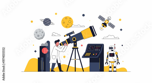 Astronomer Observing the Cosmos with Telescope and Futuristic Technology.