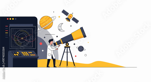 Astronomer Observing Planets and Stars Through a Telescope in Space.
