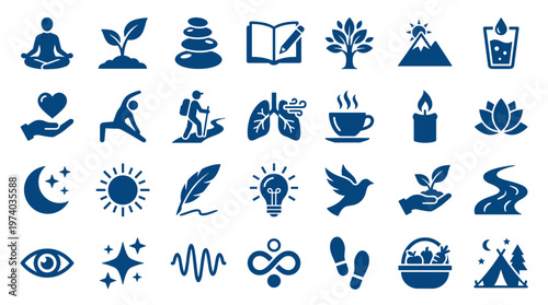 Collection of wellness and self care icons representing healthy lifestyle, meditation, nature, and personal growth concepts