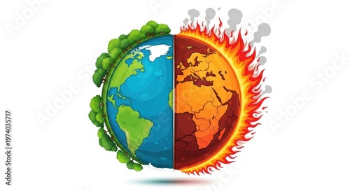 Climate change global warming concept, earth planet split between green nature and burning fire, environmental crisis and ecological disaster