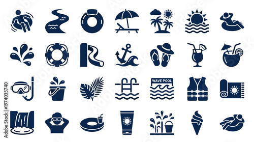 Collection of summer vacation and water park icons representing relaxation fun and outdoor activities