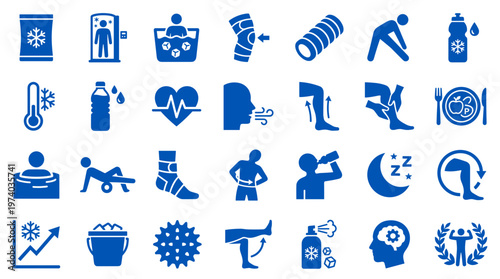 Collection of blue icons representing health wellness fitness and recovery concepts with medical and sports themes