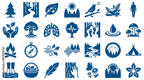 Collection of nature and environment icons representing ecology conservation and healthy living with symbols of trees plants animals and outdoor activities