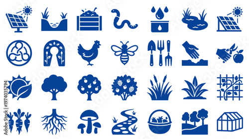 Collection of farming and nature icons representing sustainable agriculture, organic gardening, and ecological practices with solar energy and natural elements