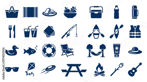 Collection of blue picnic and outdoor activity icons representing summer leisure and recreation essentials for a fun day out