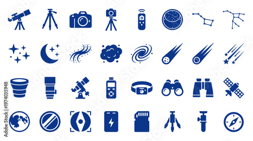 Collection of astronomy and photography icons representing telescopes cameras tripods and celestial objects for science and hobby exploration