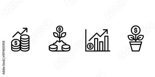 Four black line representing financial growth and investment finance money coins  in white background