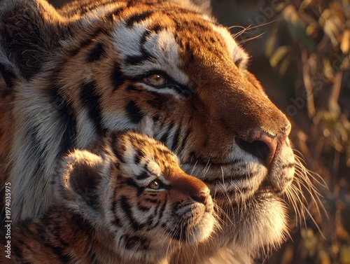 portrait of  mother tiger and cub in wildlife