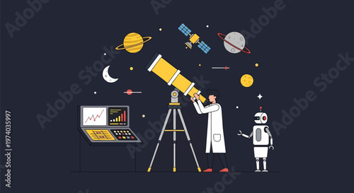 Astronomer Observing the Cosmos with Telescope and Robot Assistant.