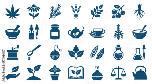 Herbal medicine icons set for natural remedies and wellness treatments