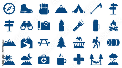 Collection of outdoor adventure and camping icons representing hiking travel and nature exploration with essential gear and activities