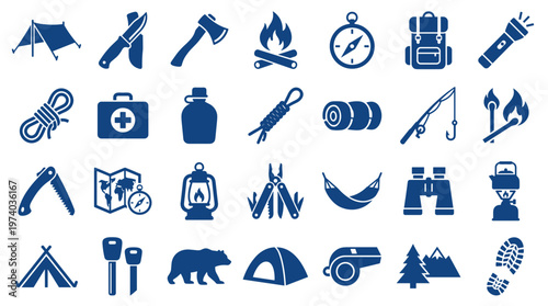 Collection of camping and hiking equipment icons for outdoor adventures and travel planning