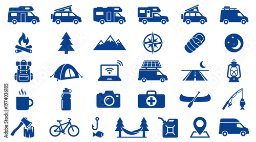 Collection of camping and outdoor adventure icons representing travel, recreation, and nature activities