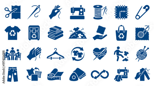 Sustainable fashion icons representing recycling reuse and ethical clothing production with sewing and crafting elements