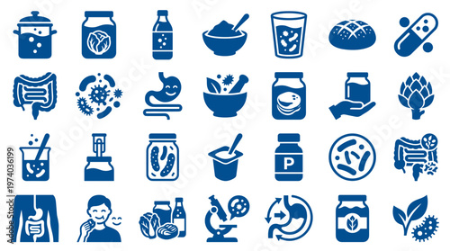 Probiotic icons set representing gut health digestion and healthy food choices with bacteria and supplements