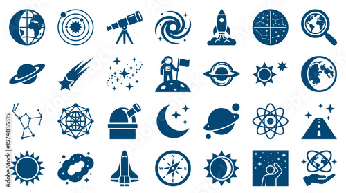 Collection of space and astronomy icons representing planets galaxies rockets telescopes and constellations for science and exploration themes