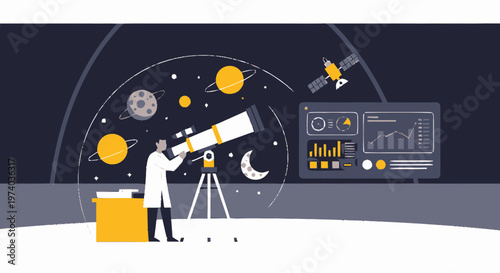 Astronomer Observing Celestial Bodies Through Telescope in Space.