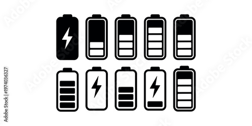 Ten black battery showing different charge levels and a lightning bolt symbol power energy