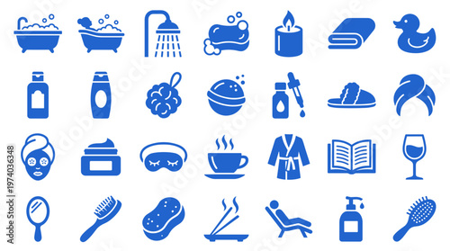 Collection of blue icons representing relaxation spa and self care items for wellness and beauty routines
