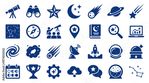 Collection of astronomy and space exploration icons representing telescopes binoculars constellations comets rockets astronauts and celestial bodies for science and discovery themes