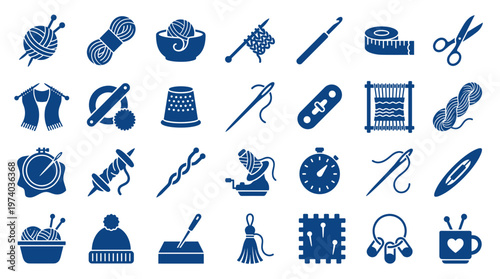 Collection of Knitting and Crochet Craft Icons Symbols and Tools for Handmade Hobby and DIY Projects