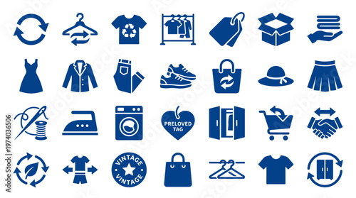 Collection of blue icons representing clothing retail, fashion, sustainability, and second hand shopping concepts