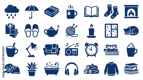 Cozy hygge lifestyle icons representing comfort relaxation and winter season activities like reading tea and warm clothing