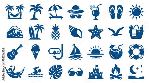 Collection of blue summer vacation icons representing travel relaxation and beach activities like surfing swimming and enjoying tropical drinks