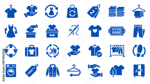 Collection of blue icons representing clothing recycling, second hand fashion, sustainable apparel, and eco friendly clothing care.