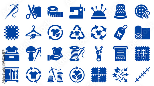 Collection of sewing and tailoring icons representing fashion design, textile industry, and sustainable clothing production with recycling symbols.