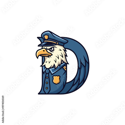 Strong Eagle Police Officer Mascot Vector Illustration of Letter D Emblem