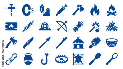 Collection of primitive tools and survival equipment icons representing ancient technology and prehistoric life for graphic design and illustration