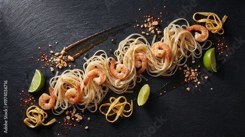 Overhead shot of cooked spaghetti with shrimp, lime wedges, and spices on a dark slate surface.