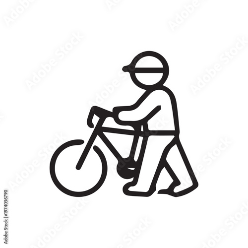 Minimalist Icon Of A Person Walking With Their Bicycle And Helmet