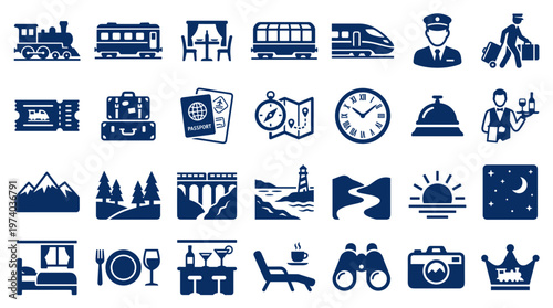 Collection of travel and vacation icons representing transportation accommodation activities and destinations for tourism and leisure