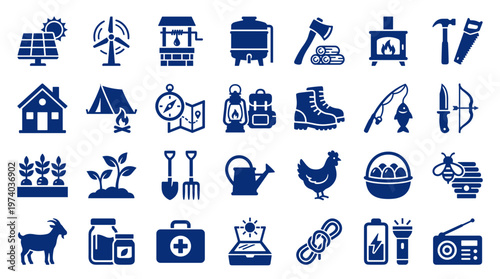 Collection of farm and outdoor survival icons representing self sufficiency sustainability and rural living with elements like solar panels and farming tools