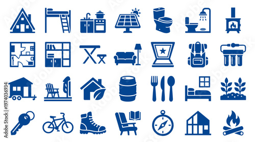 Collection of icons representing tiny homes, sustainable living, outdoor adventure, and essential amenities for a modern lifestyle