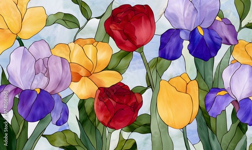 A vibrant and colorful stained glass pattern featuring realistic tulips, roses, irises, daisies, violets, and lilies, with leaves in the background