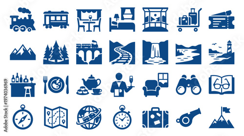 Collection of travel and leisure icons representing transportation accommodation dining and outdoor activities for vacation planning and tourism