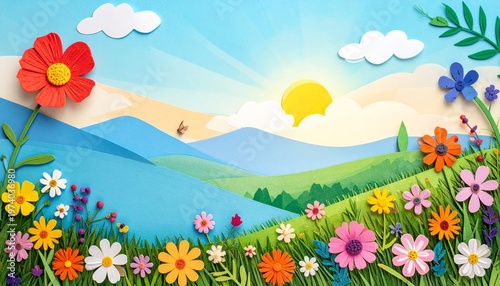 A vibrant spring nature landscape featuring a sunny meadow with chamomile and daisy flowers under a blue sky with clouds and a butterfly vector illustration