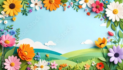 A vibrant spring nature landscape featuring a sunny meadow with chamomile and daisy flowers under a blue sky with clouds and a butterfly vector illustration