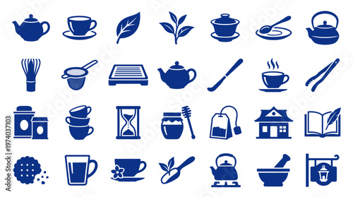 Collection of blue tea icons representing brewing, serving, and enjoying tea, including teapots, cups, leaves, and accessories for a beverage concept.